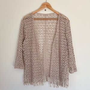 Lacy crochet cream cardigan - fine yarn - tassle detail - no tag - L. B